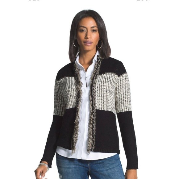 Chico's 1 Women's Arlene Cardigan Sweater black beige Cotton Size Medium Fringe - Picture 1 of 9